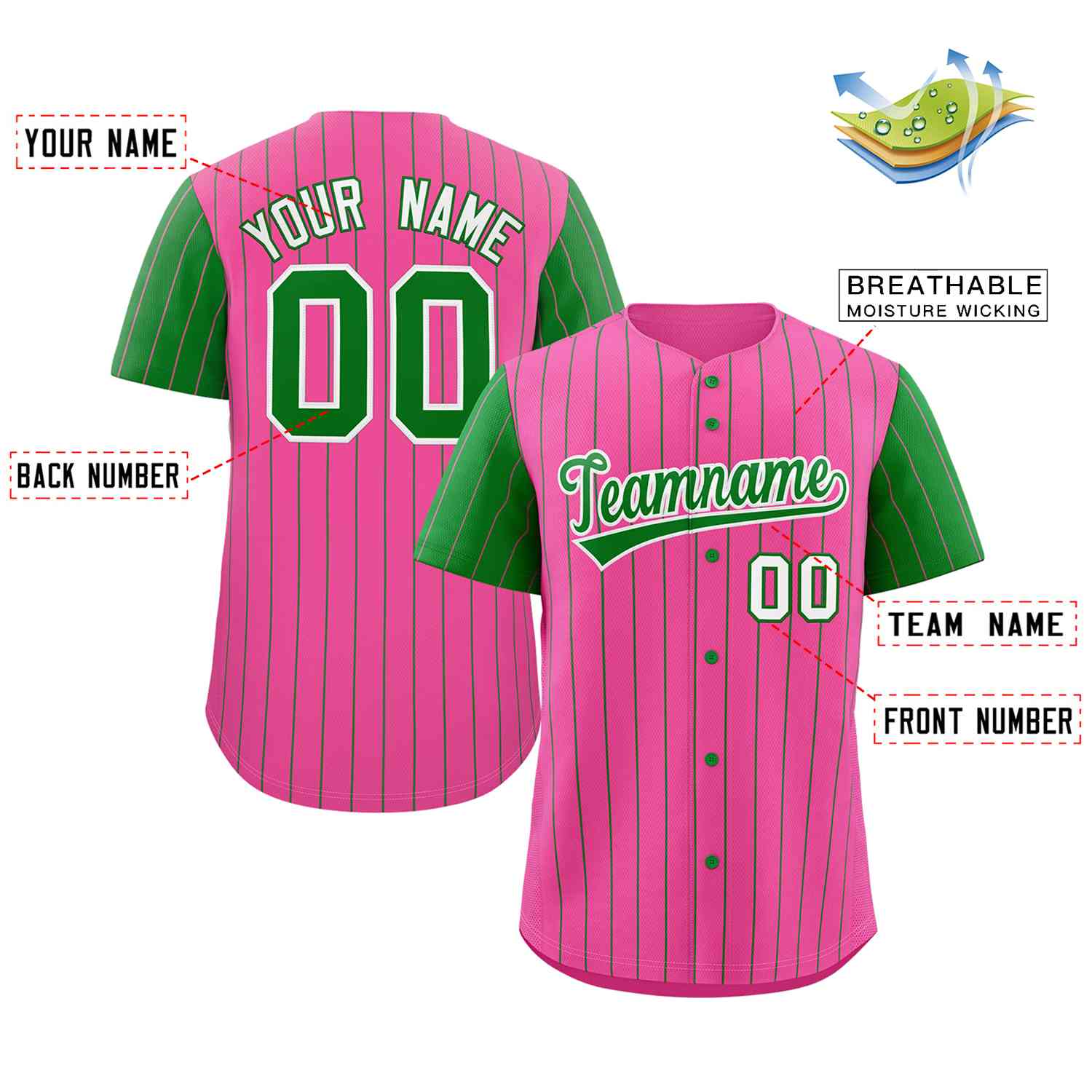 Maillot de Baseball authentique à manches Raglan, rose personnalisé, rayures vertes et blanches, à la mode