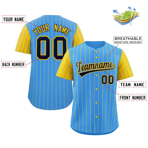 Custom Powder Blue Navy-Gold Stripe Fashion Raglan Sleeves Authentic Baseball Jersey