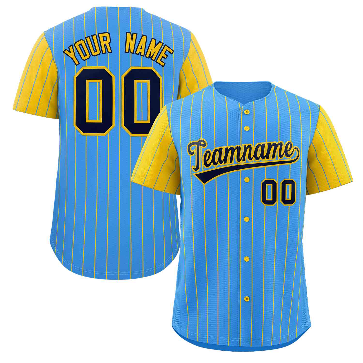 Custom Powder Blue Navy-Gold Stripe Fashion Raglan Sleeves Authentic Baseball Jersey