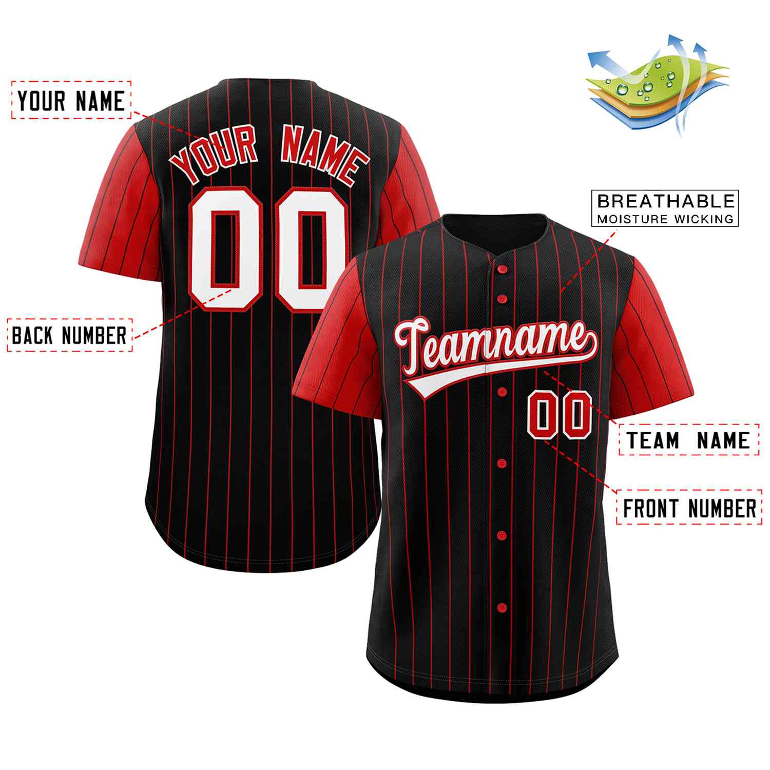 Maillot de baseball personnalisé à manches raglan, personnalisé, noir, blanc et rouge, à la mode, authentique