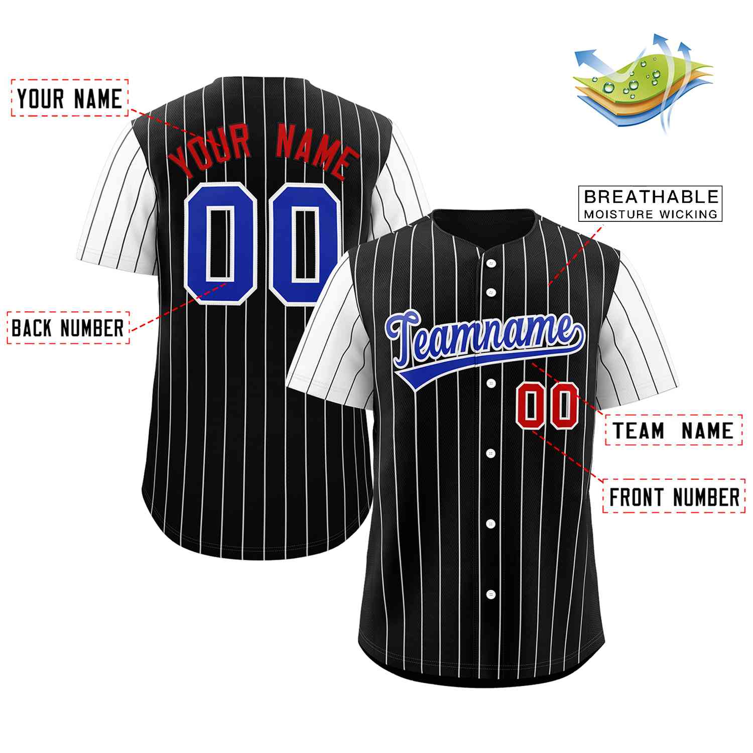 Maillot de Baseball authentique à manches Raglan, personnalisé, noir, rayures blanches et royales, à la mode