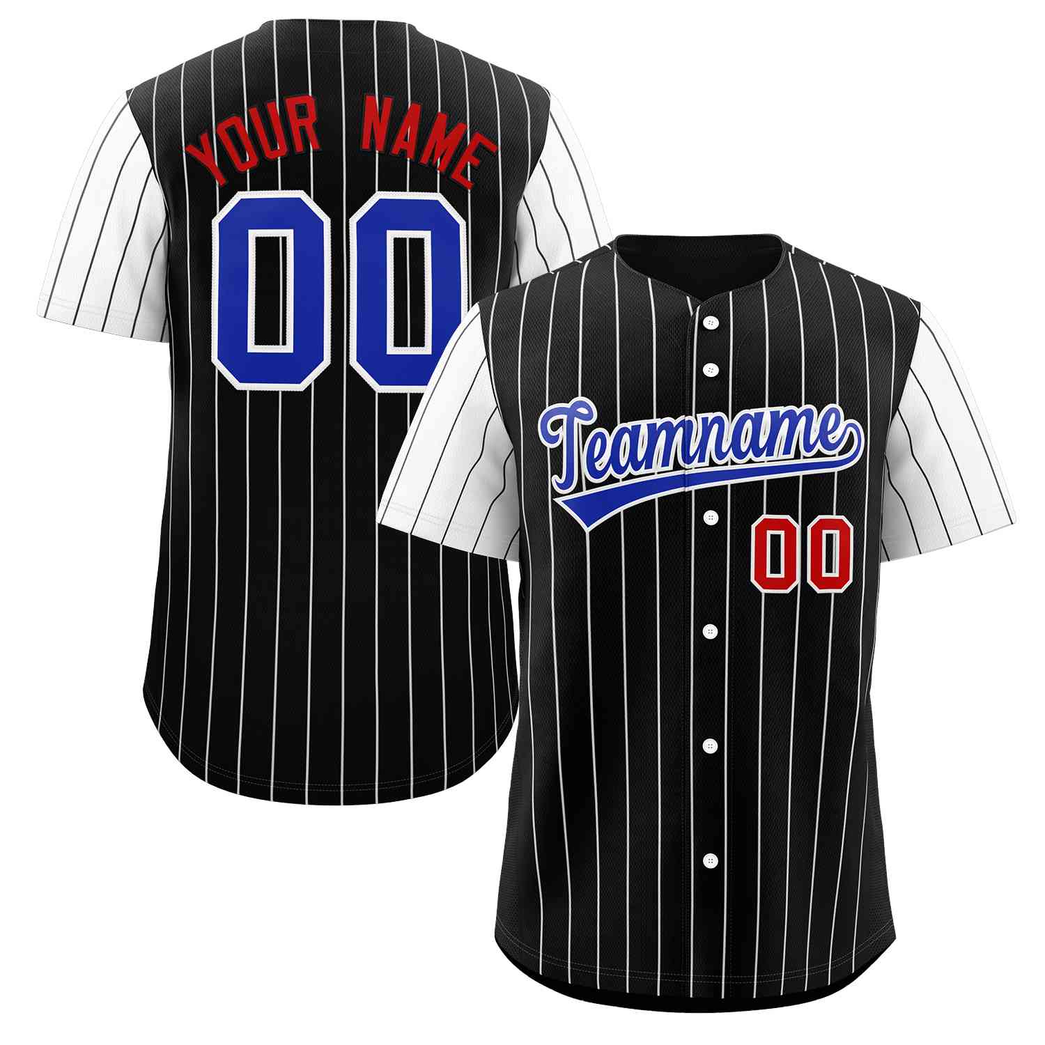 Maillot de Baseball authentique à manches Raglan, personnalisé, noir, rayures blanches et royales, à la mode