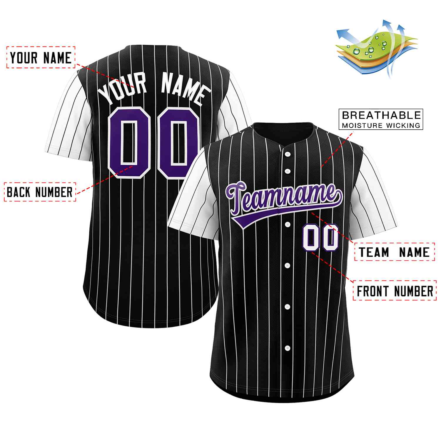 Maillot de baseball personnalisé à manches raglan, personnalisé, noir, violet et blanc, à la mode, authentique