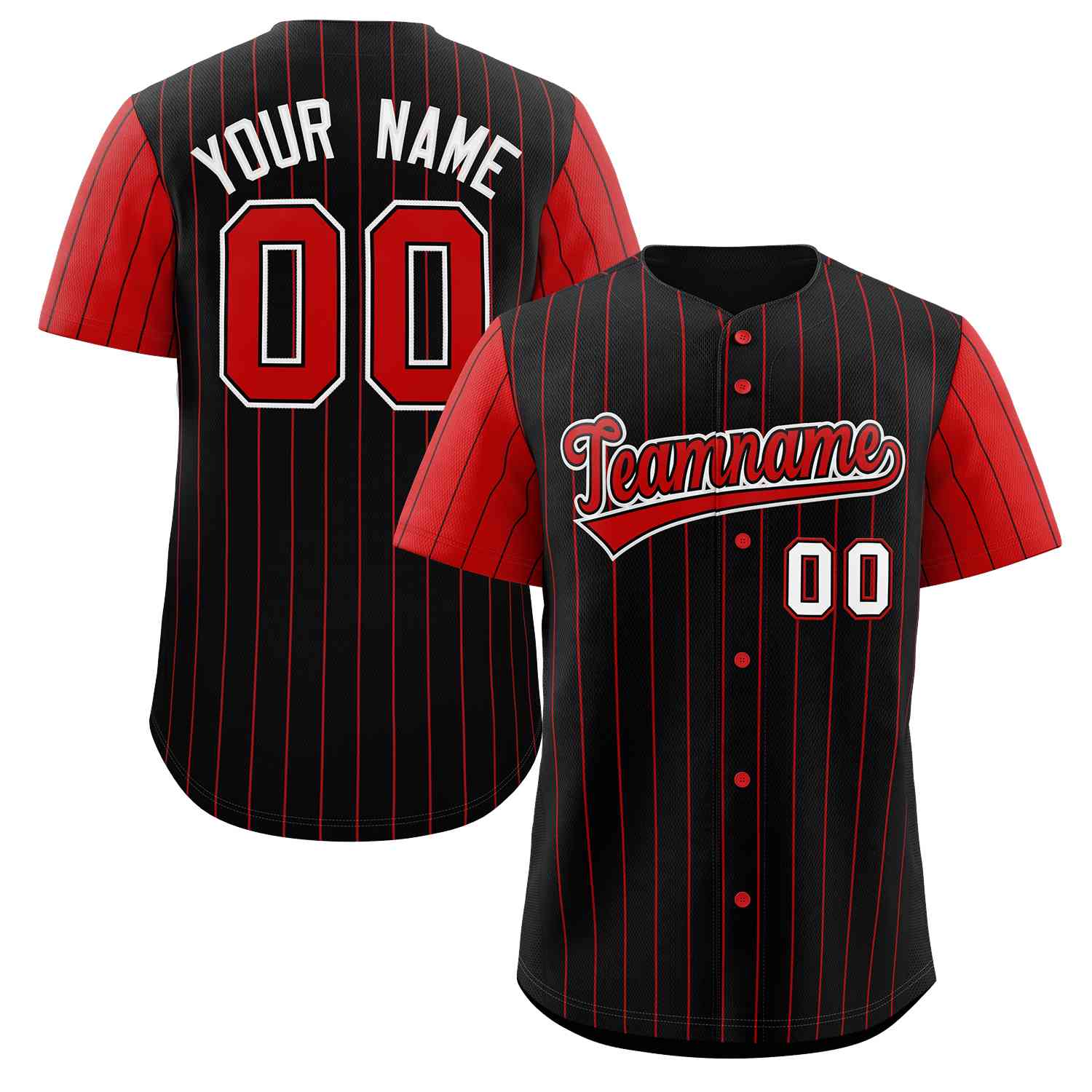 Maillot de baseball authentique à manches raglan à rayures noires et rouges personnalisées