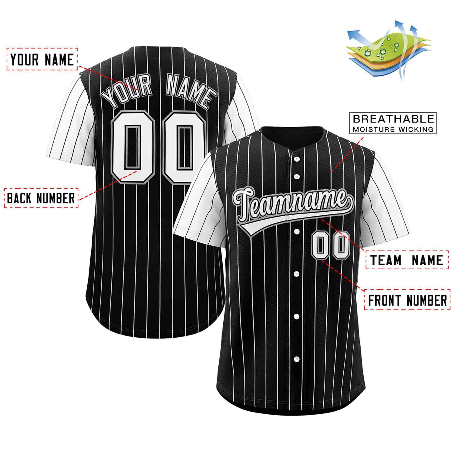 Maillot de baseball authentique à manches raglan à rayures noires et blanches personnalisées