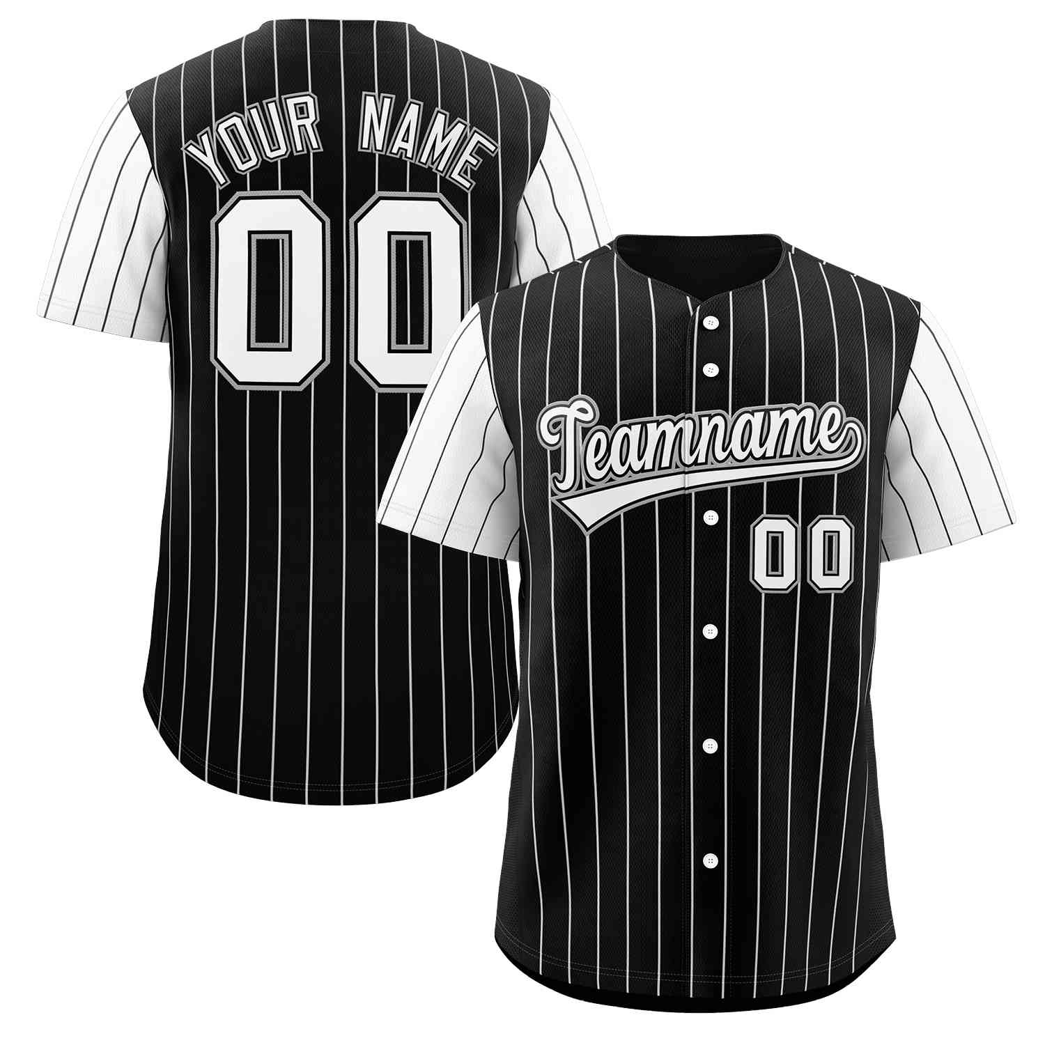 Maillot de baseball authentique à manches raglan à rayures noires et blanches personnalisées