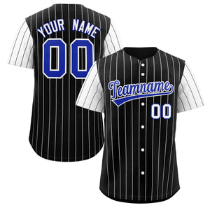 Maillot de baseball authentique à manches Raglan, personnalisé, noir, rayures blanches et royales, à la mode