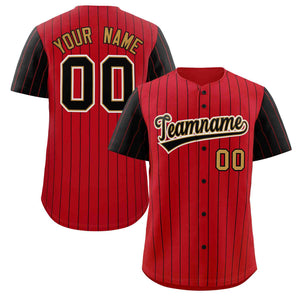 Custom Red Black-Old Gold Stripe Fashion Raglan Sleeves Authentic Baseball Jersey