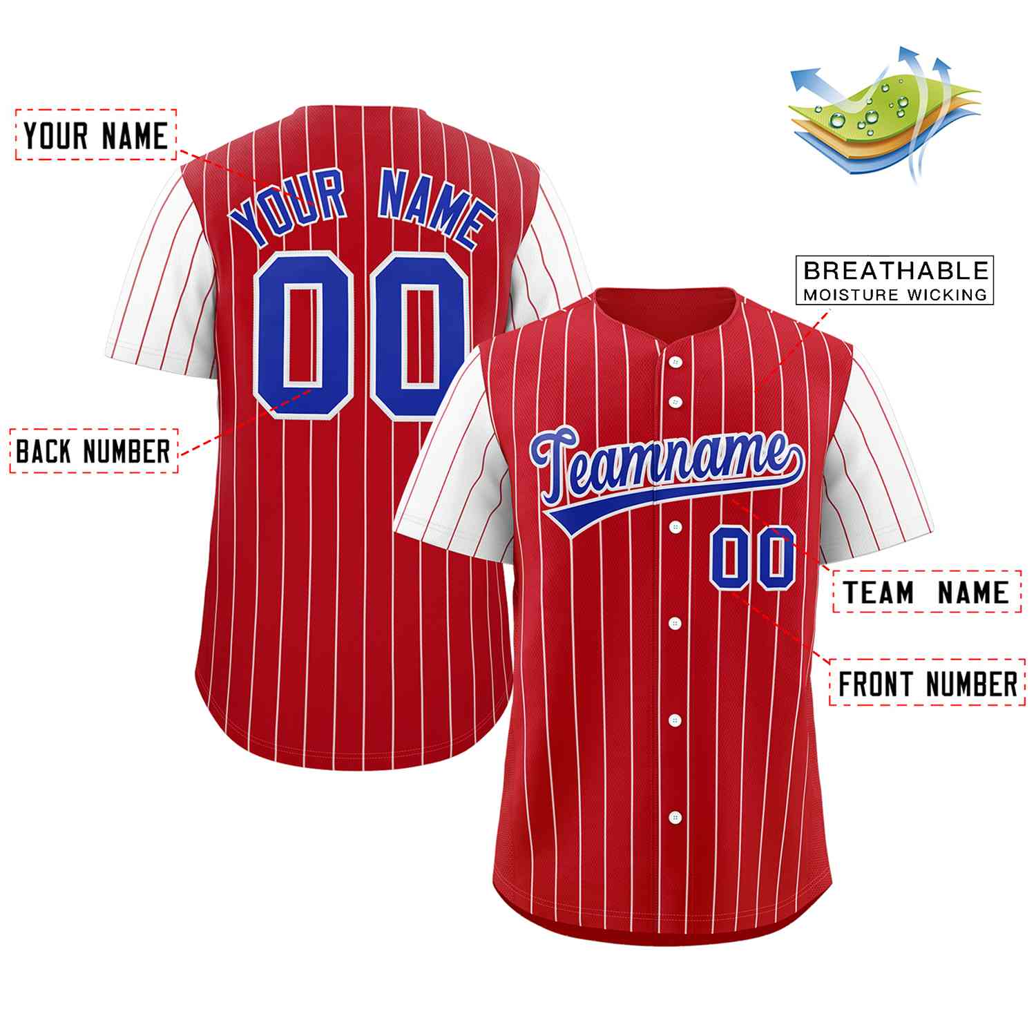 Maillot de baseball authentique à manches raglan à rayures rouges et blanches personnalisées