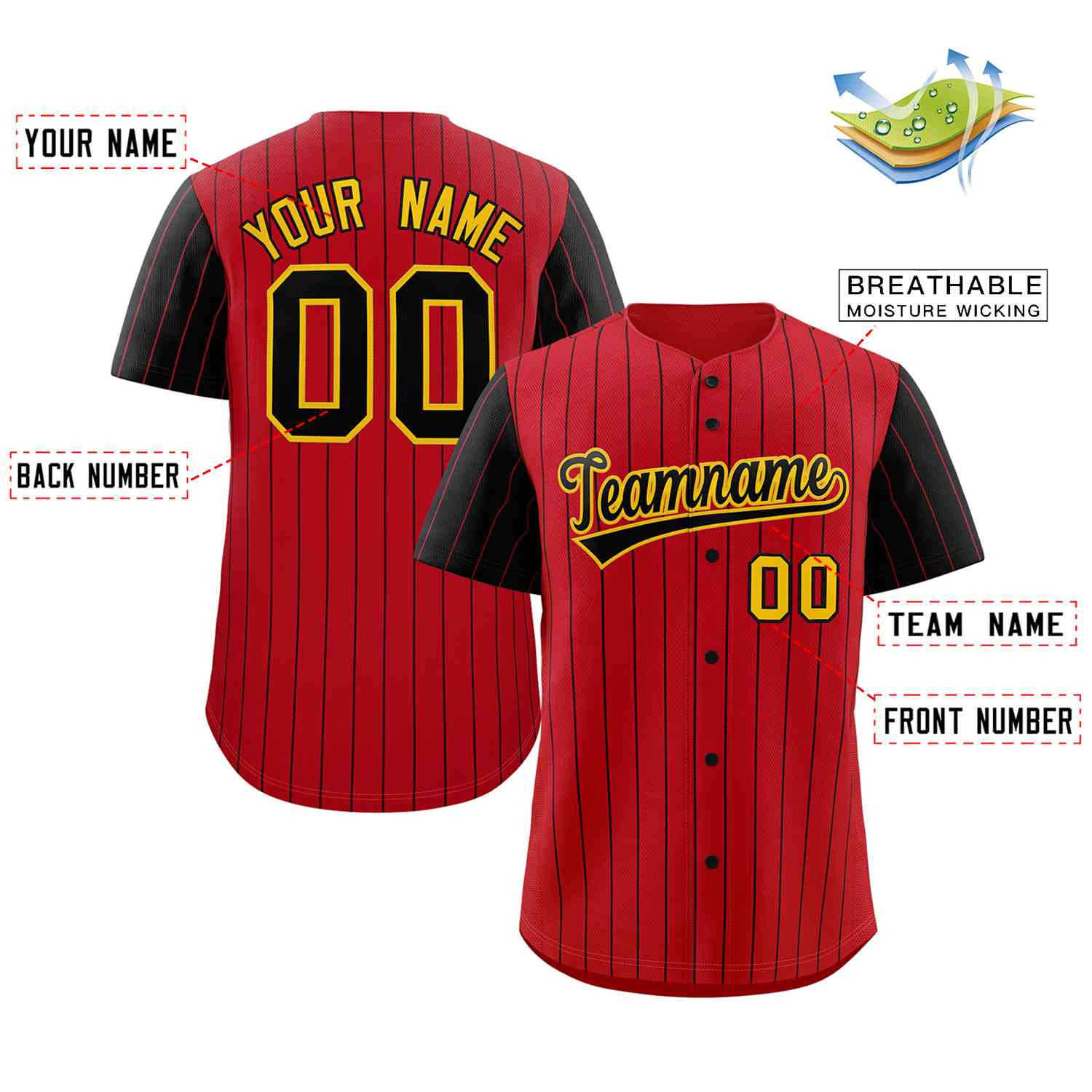 Maillot de Baseball authentique à manches Raglan, personnalisé, rayures rouges, noires et dorées, à la mode