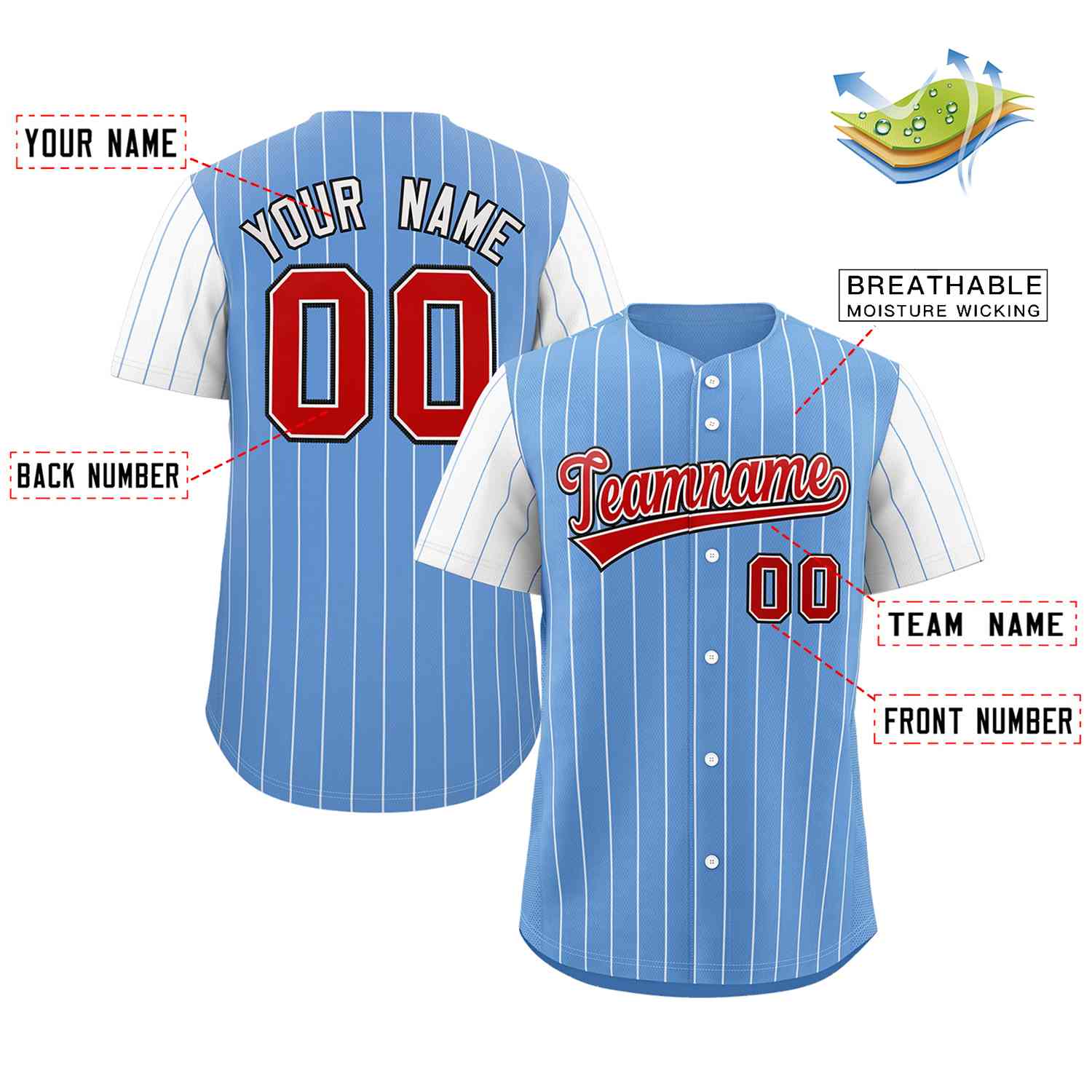 Custom Light Blue Red-White Stripe Fashion Raglan Sleeves Authentic Baseball Jersey