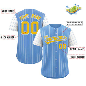 Custom Light Blue Gold-White Stripe Fashion Raglan Sleeves Authentic Baseball Jersey