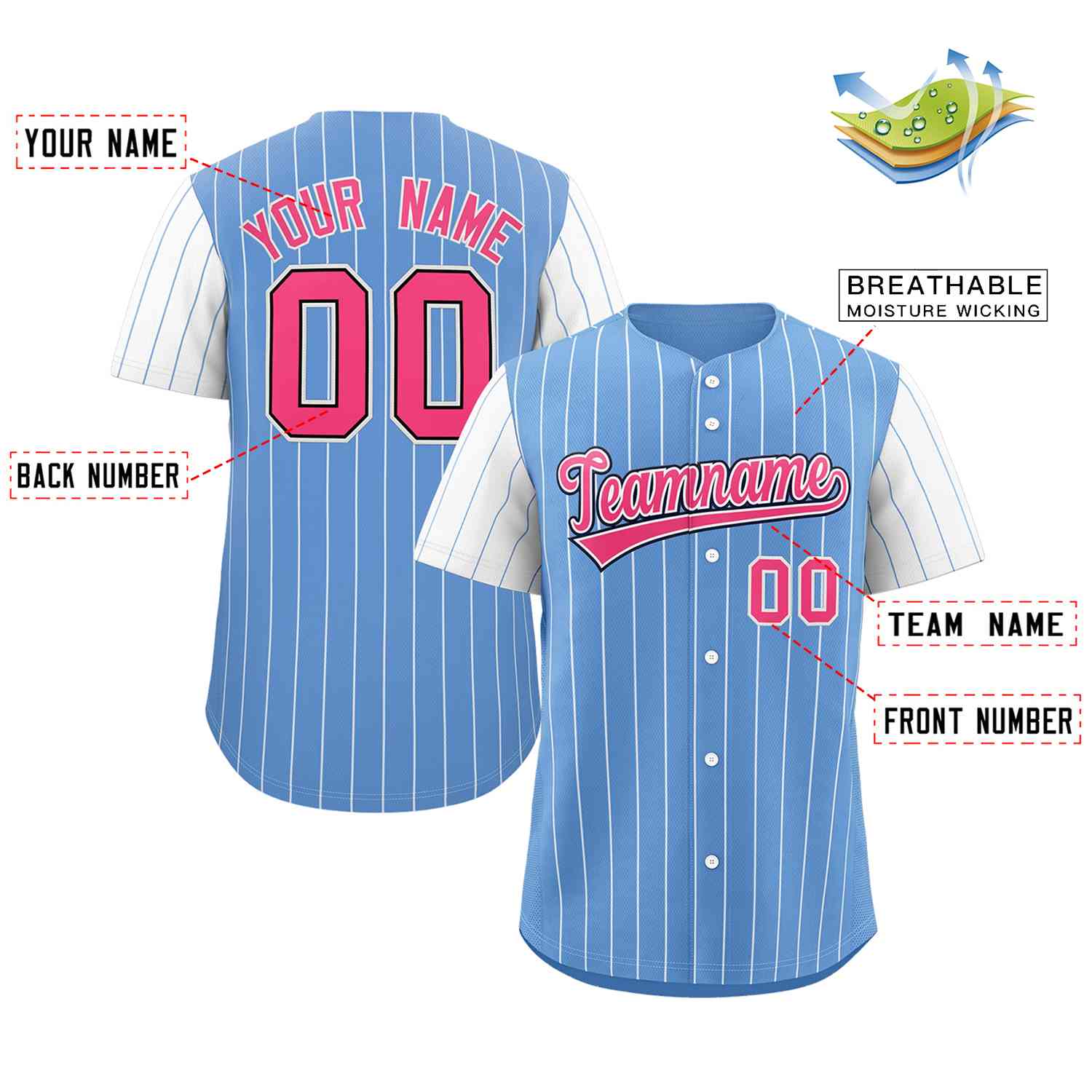 Maillot de baseball personnalisé à manches raglan, bleu clair, rose et blanc, à la mode, authentique