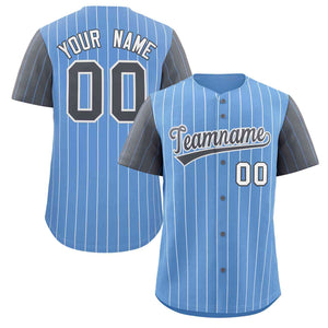 Custom Light Blue Dark Gray-White Stripe Fashion Raglan Sleeves Authentic Baseball Jersey