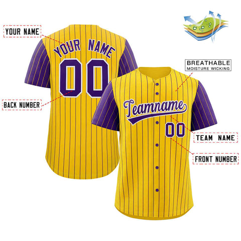 Custom Gold Purple-White Stripe Fashion Raglan Sleeves Authentic Baseball Jersey