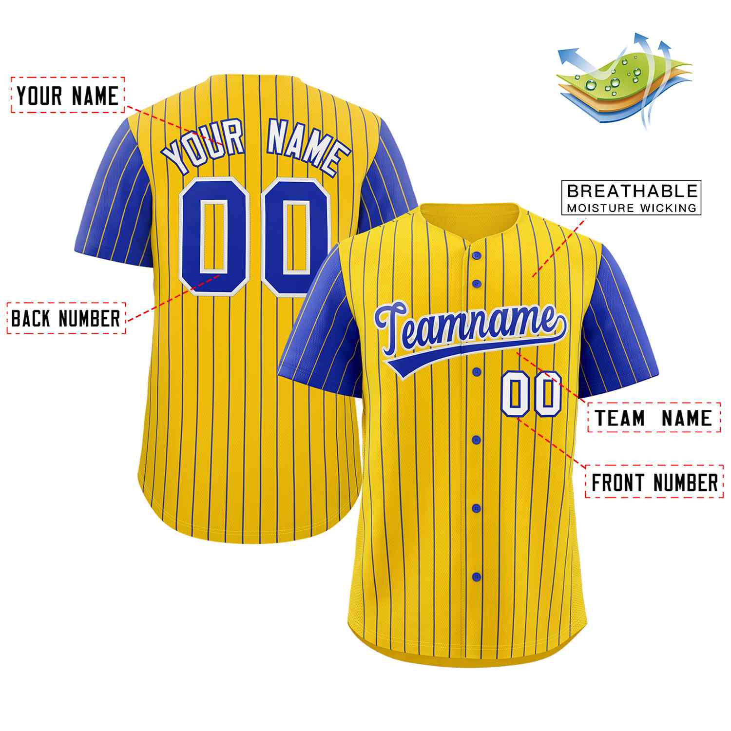 Custom Gold Royal-White Stripe Fashion Raglan Sleeves Authentic Baseball Jersey