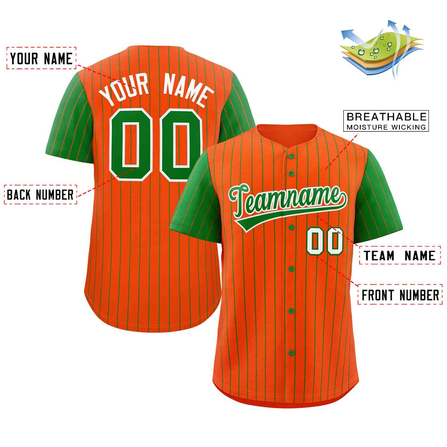 Maillot de baseball personnalisé Orange Kelly vert-blanc à rayures, manches Raglan, à la mode, authentique