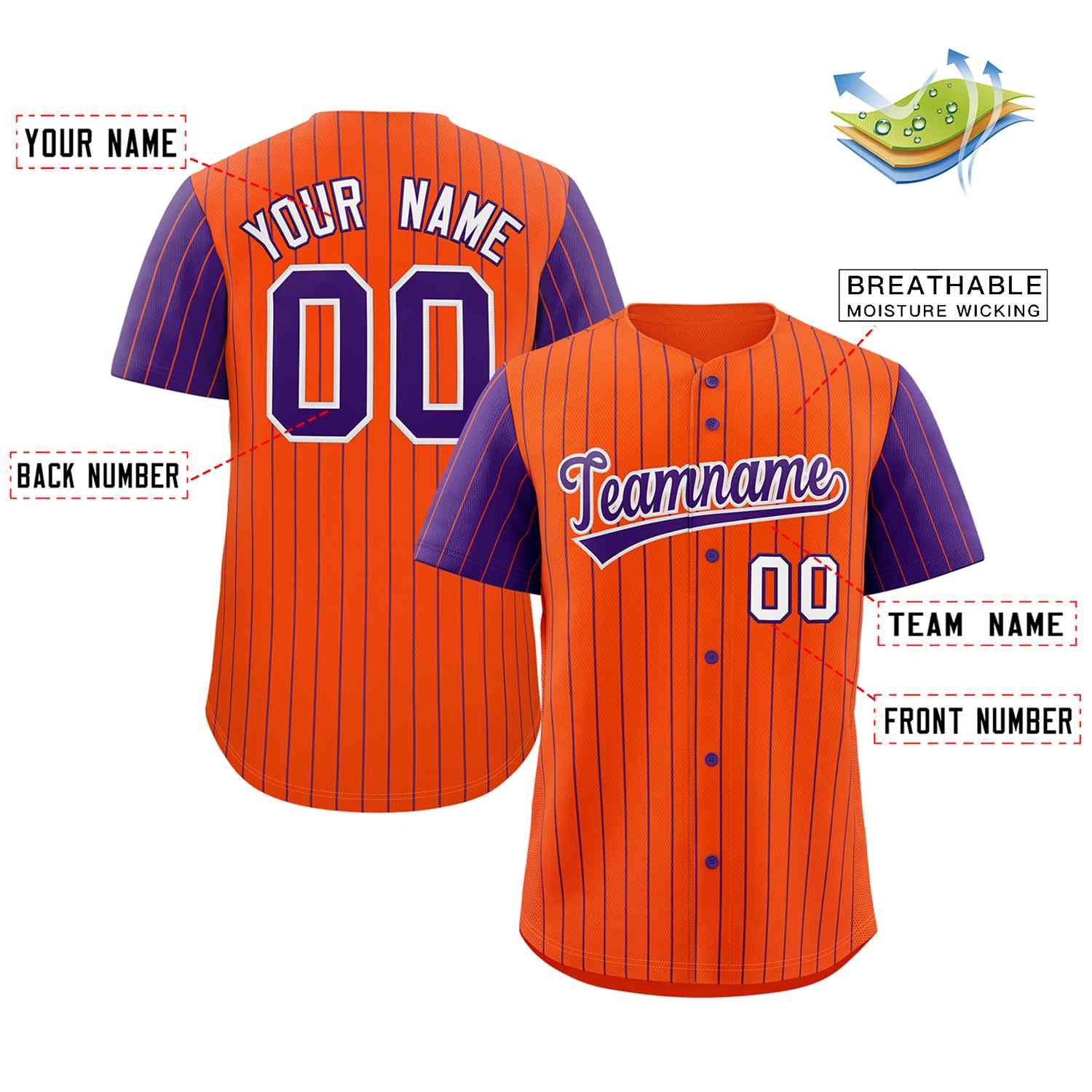 Maillot de Baseball authentique à manches Raglan, personnalisé, Orange, violet et blanc, à la mode