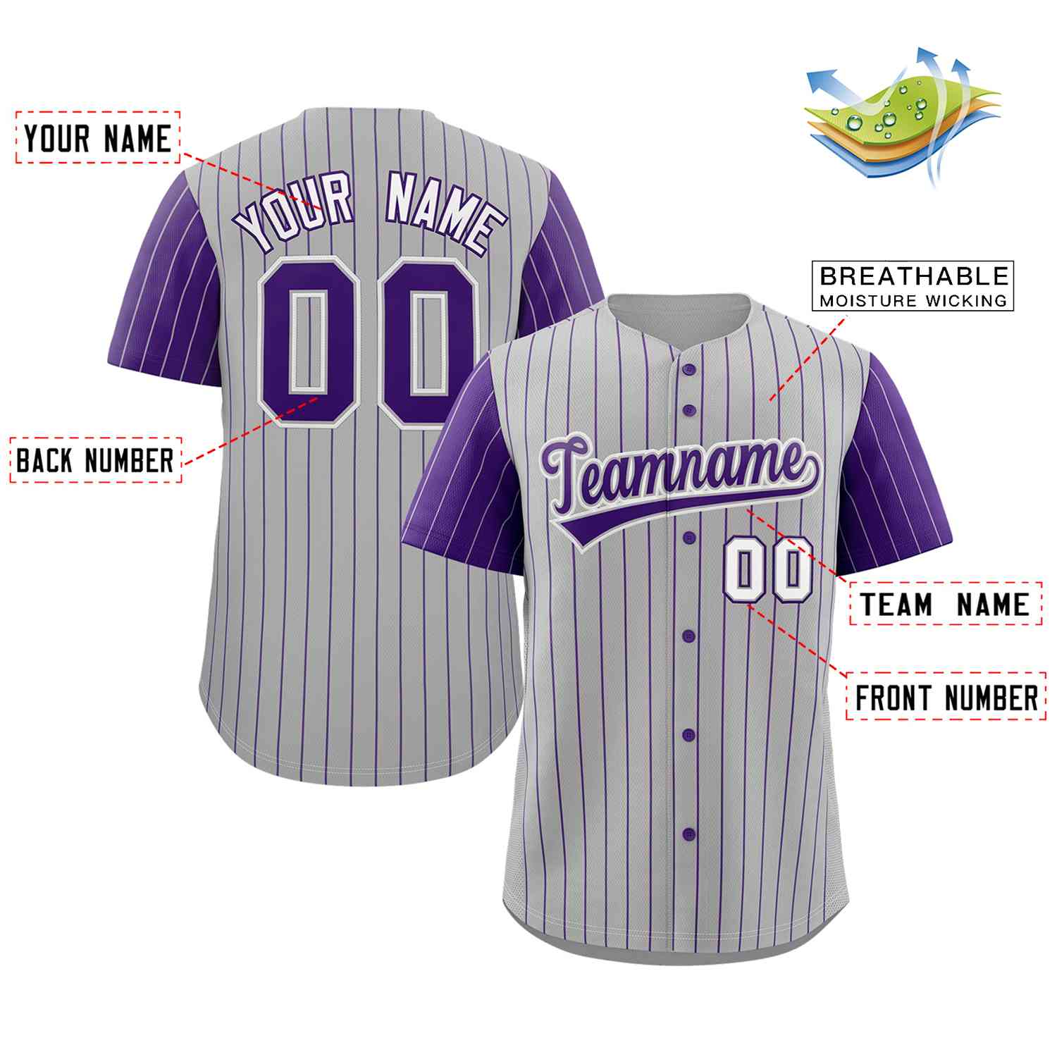 Maillot de Baseball authentique à manches Raglan, personnalisé, gris, violet et blanc, à la mode