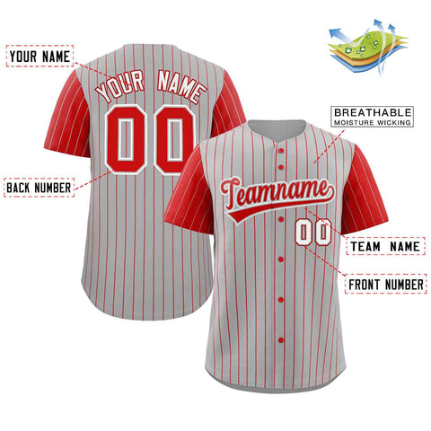 Custom Gray Red-White Stripe Fashion Raglan Sleeves Authentic Baseball Jersey