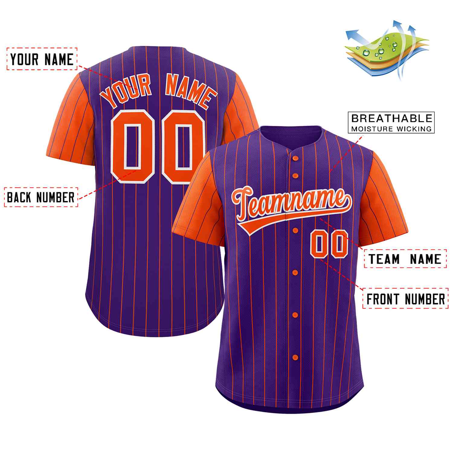 Maillot de Baseball authentique à manches Raglan, personnalisé, violet, Orange et blanc, à la mode