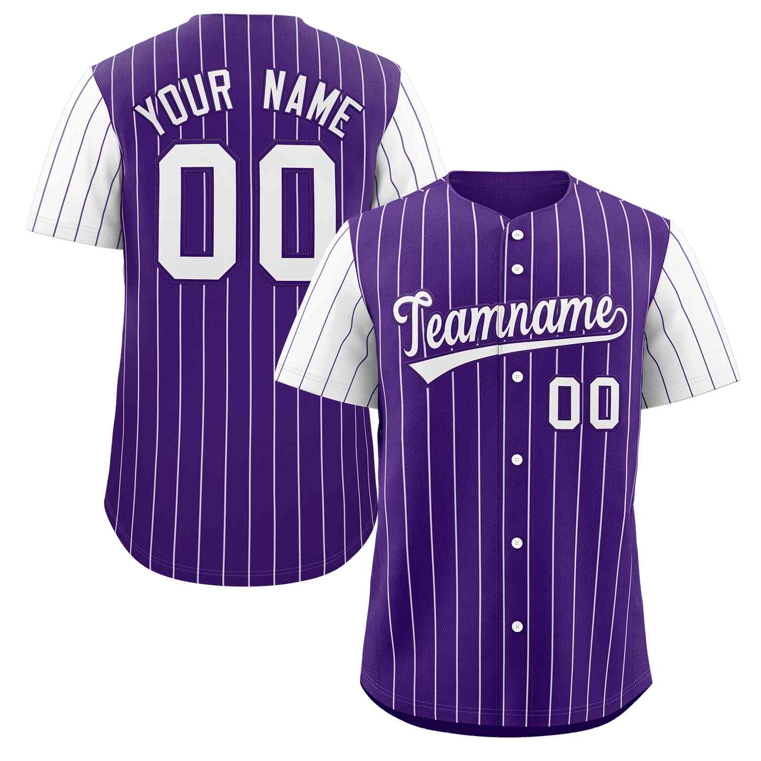 Maillot de baseball authentique à manches raglan à rayures blanches et violettes personnalisées