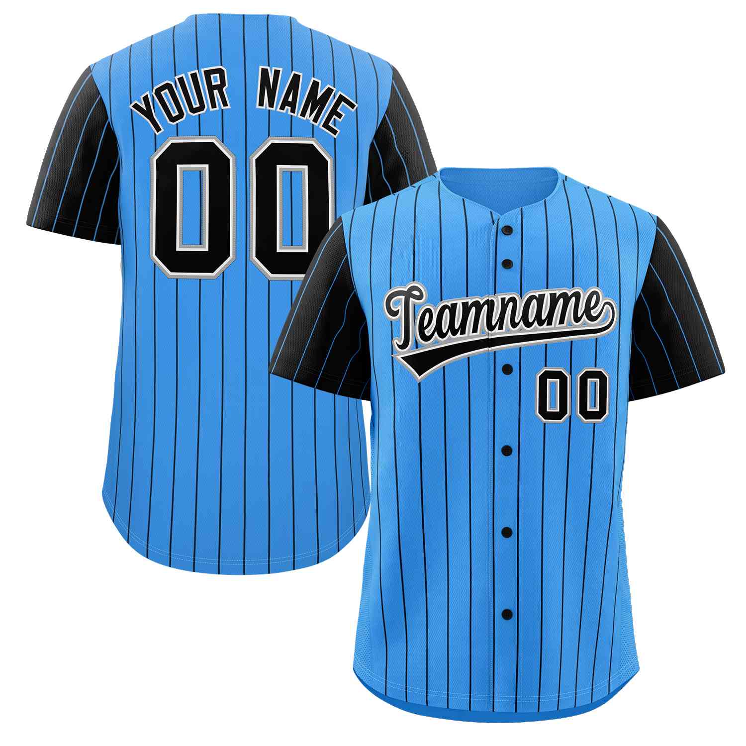 Maillot de baseball personnalisé à manches raglan, bleu poudre, noir et blanc, à la mode, authentique