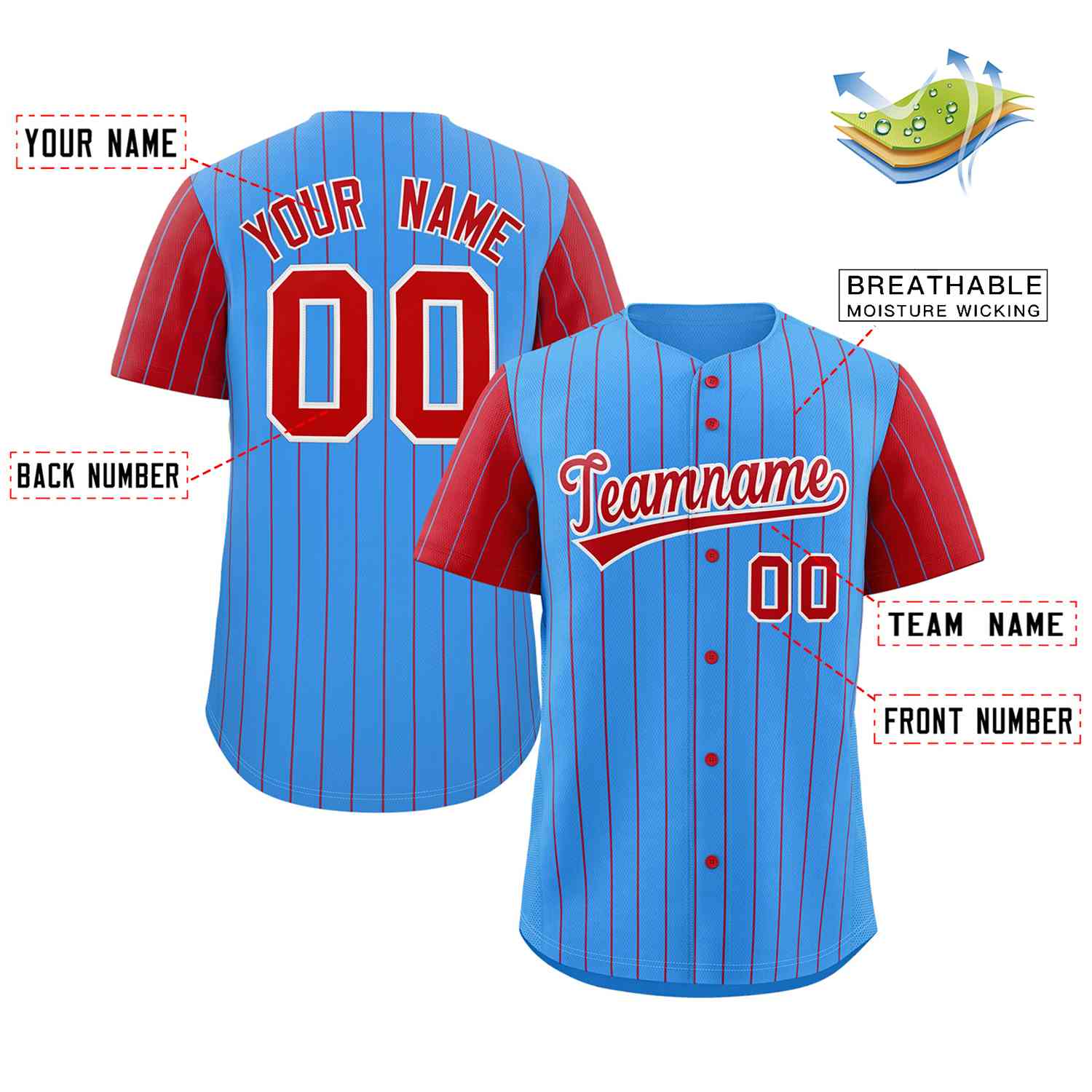 Custom Powder Blue Red-White Stripe Fashion Raglan Sleeves Authentic Baseball Jersey