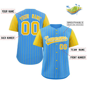 Custom Powder Blue Gold-White Stripe Fashion Raglan Sleeves Authentic Baseball Jersey