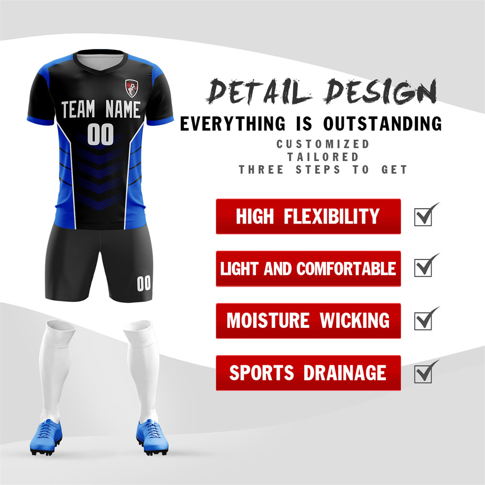 Custom Black Blue Soft Training Uniform Soccer Sets Jersey