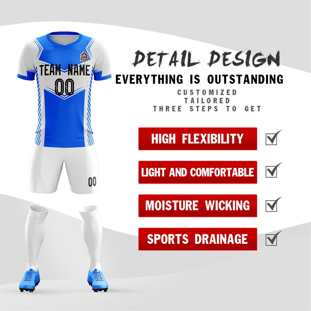 Custom White Blue Soft Training Uniform Soccer Sets Jersey