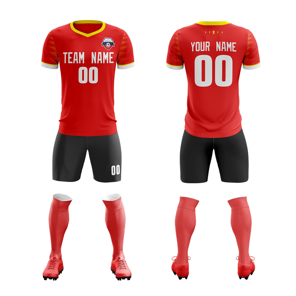 Custom Red Black V-Neck Soft Training Uniform Soccer Sets Jersey