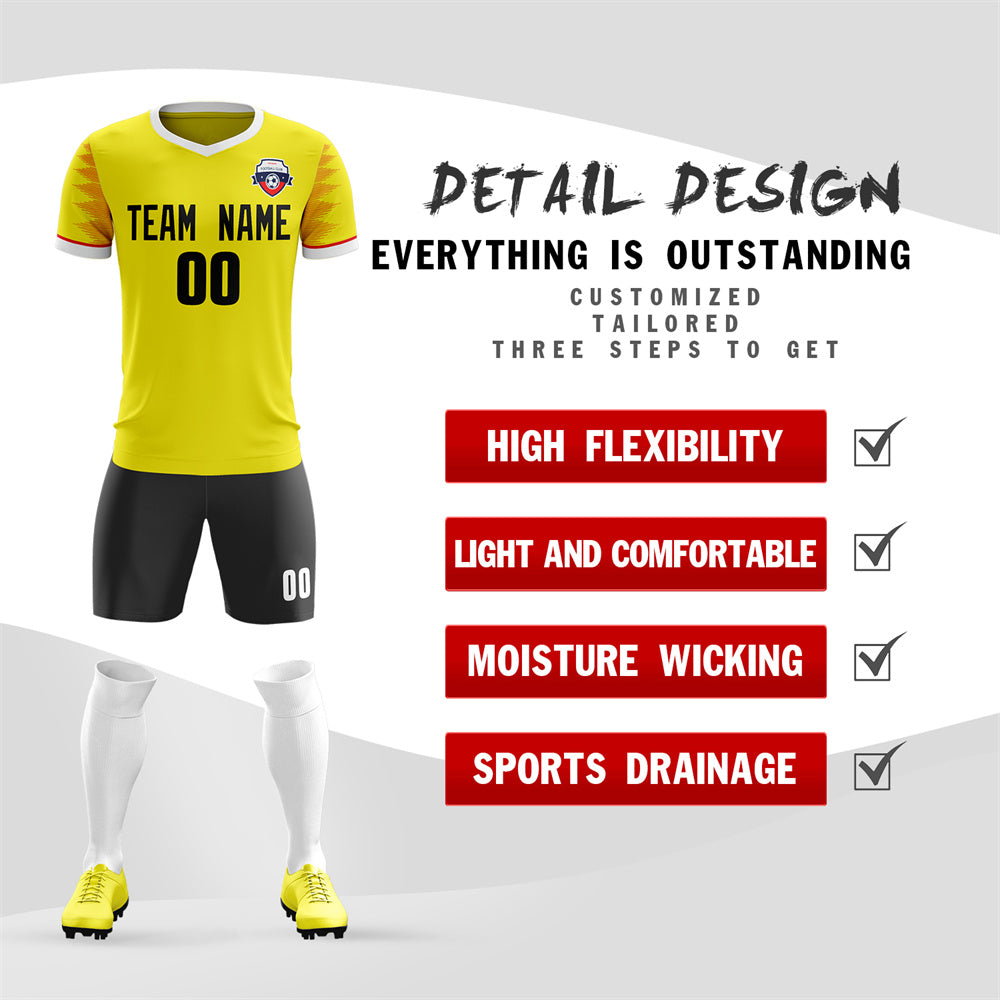 Custom Yellow Black V-Neck Soft Training Uniform Soccer Sets Jersey