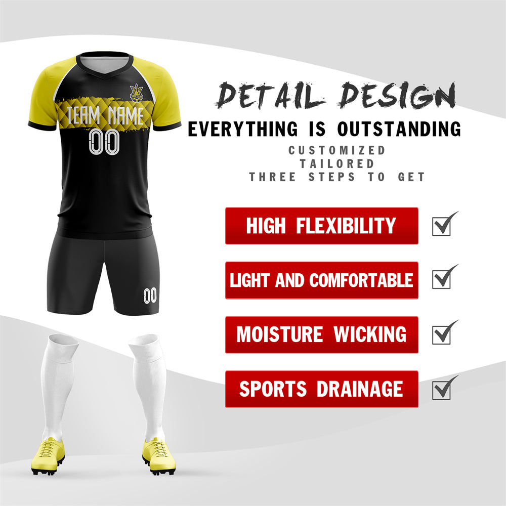 Custom Black Yellow V Neck Uniform Soccer Sets Jersey