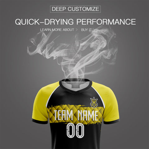 Custom Black Yellow V Neck Uniform Soccer Sets Jersey
