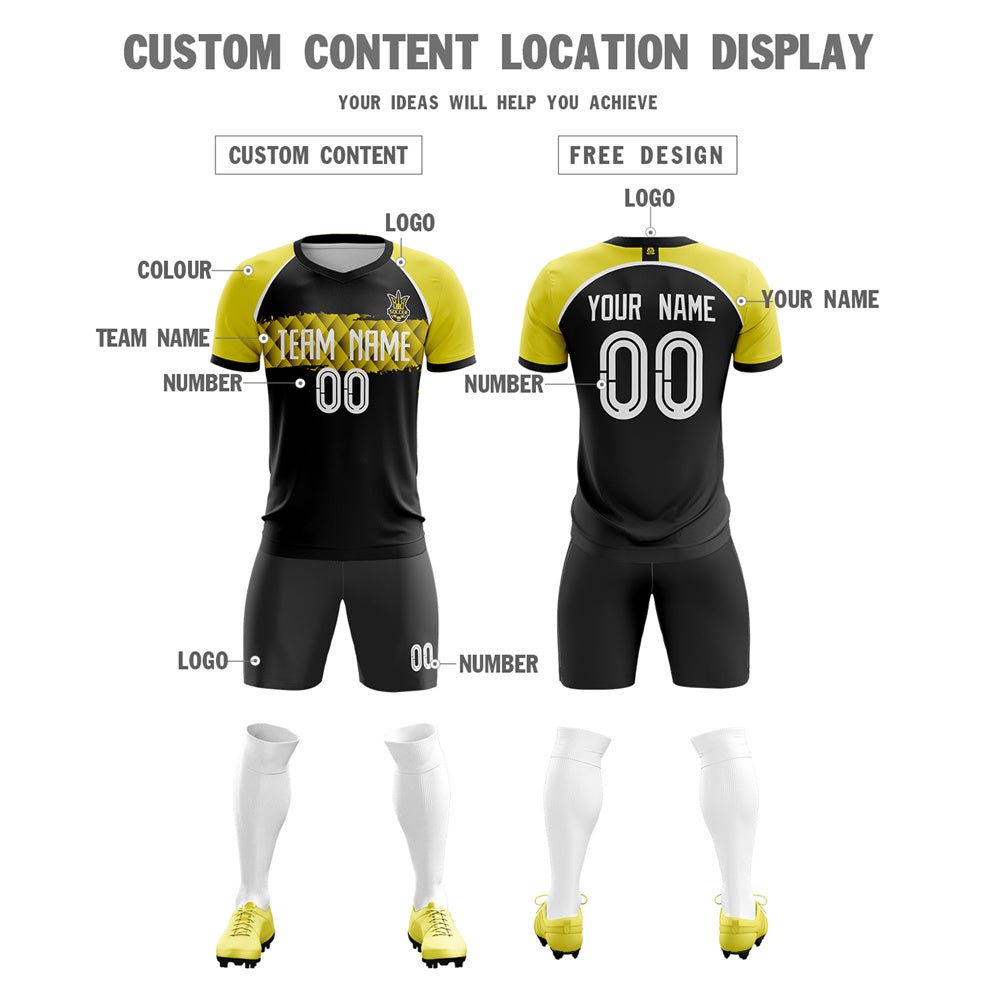 Custom Black Yellow V Neck Uniform Soccer Sets Jersey