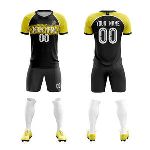 Custom Black Yellow V Neck Uniform Soccer Sets Jersey