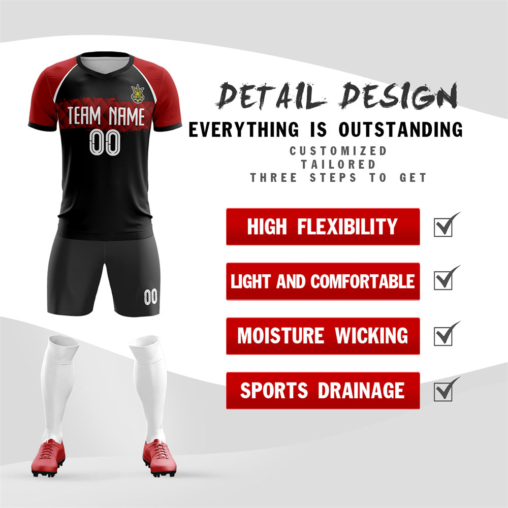 Custom Black Red V Neck Uniform Soccer Sets Jersey