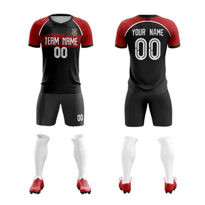 Custom Black Red V Neck Uniform Soccer Sets Jersey