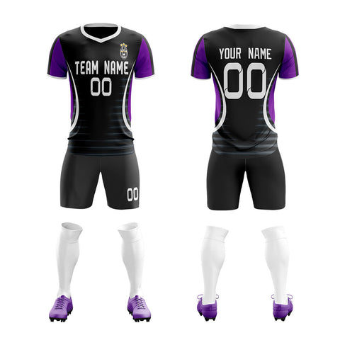 Custom Black Purple Printed Men Soccer Sets Jersey