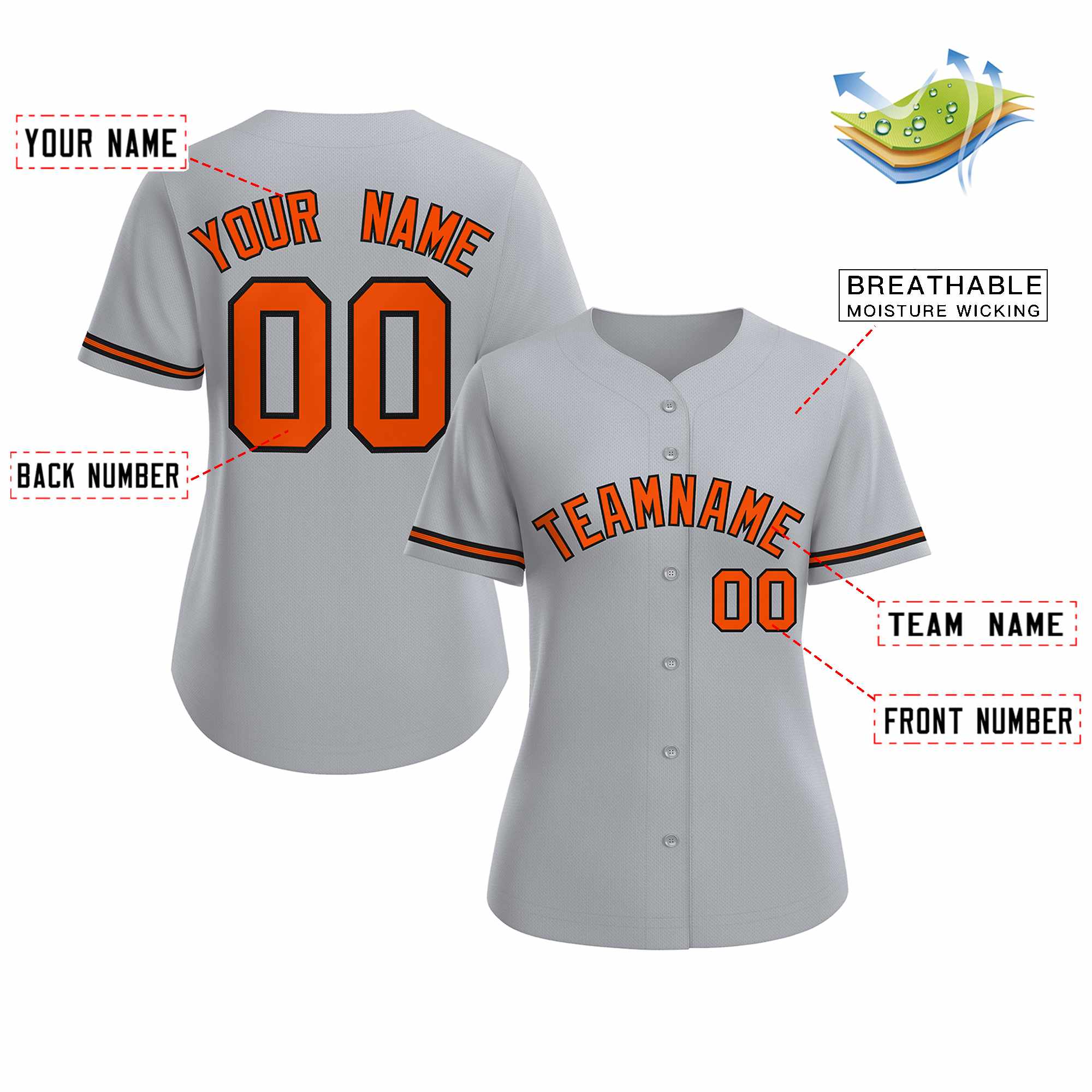 Maillot de baseball de style classique personnalisé gris orange noir pour femmes