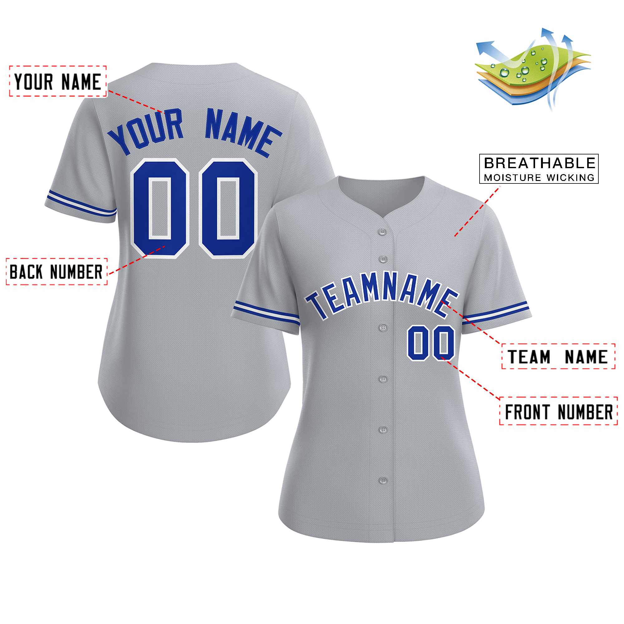 Maillot de baseball de style classique gris royal blanc personnalisé pour femmes