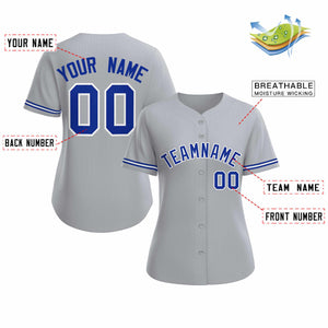 Maillot de baseball de style classique gris royal blanc personnalisé pour femmes