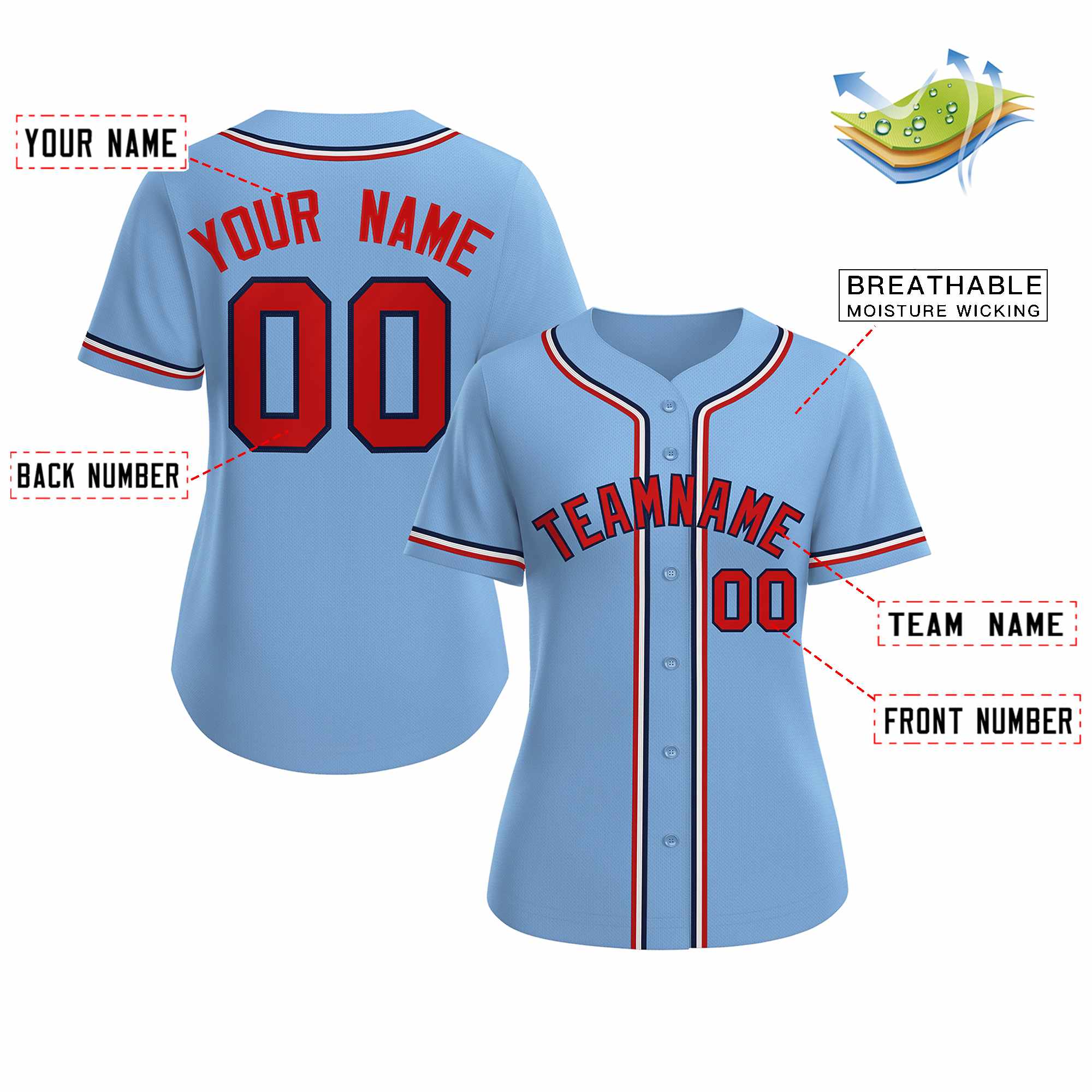 Maillot de baseball de style classique personnalisé bleu clair rouge marine pour femmes