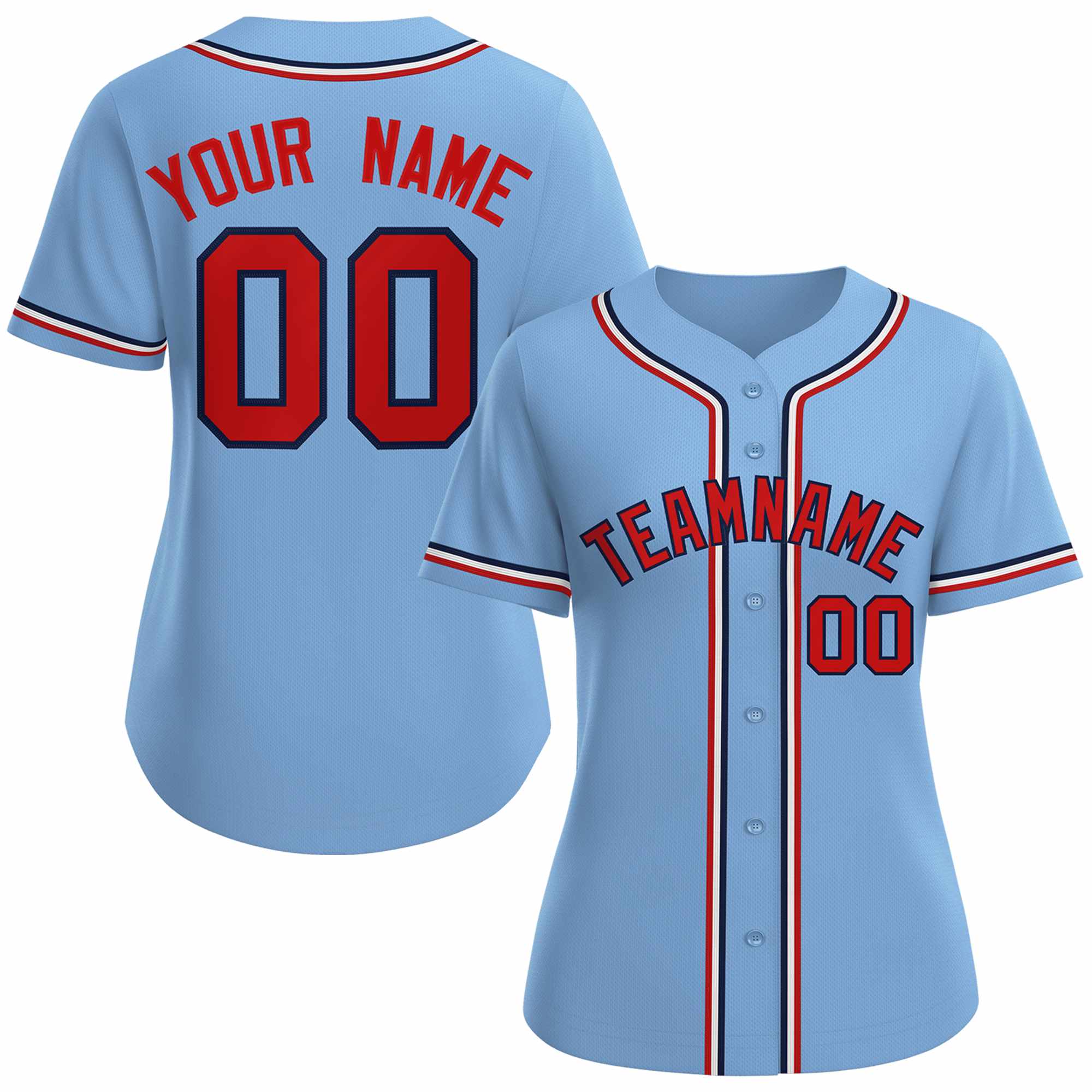 Maillot de baseball de style classique personnalisé bleu clair rouge marine pour femmes