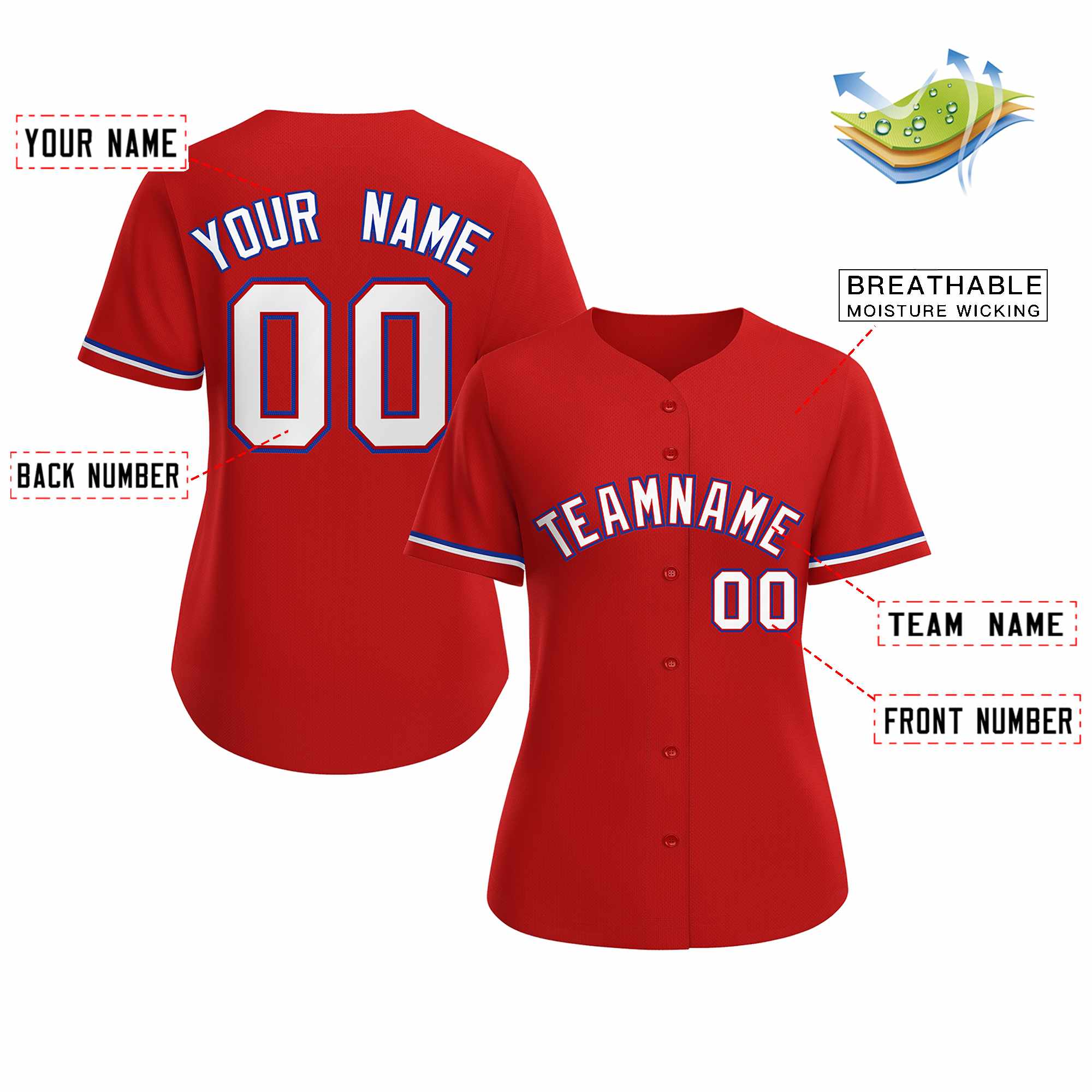 Maillot de baseball de style classique rouge blanc rouge personnalisé pour femmes