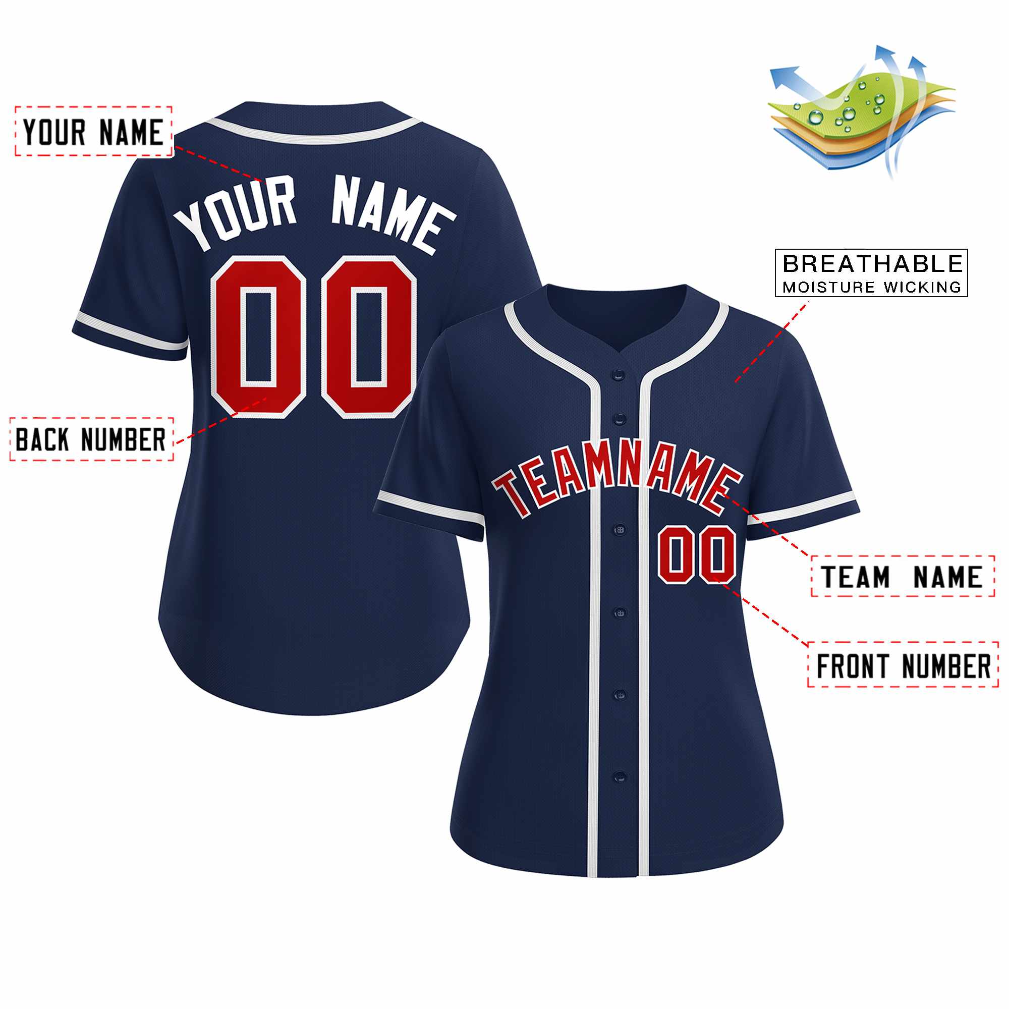 Custom Navy Red White Classic Style Baseball Jersey for Women