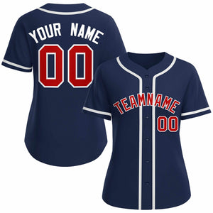 Maillot de baseball de style classique personnalisé bleu marine rouge blanc pour femmes