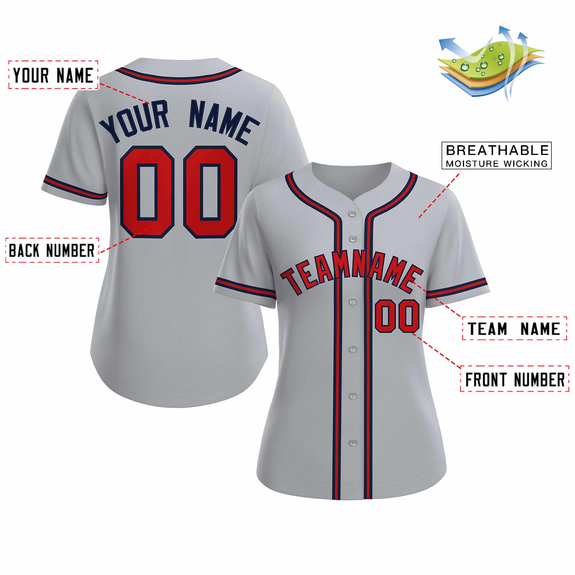 Maillot de baseball de style classique personnalisé gris rouge marine pour femmes