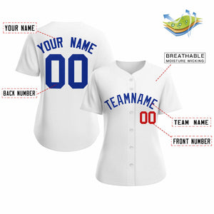 Maillot de baseball de style classique royal blanc personnalisé pour femmes